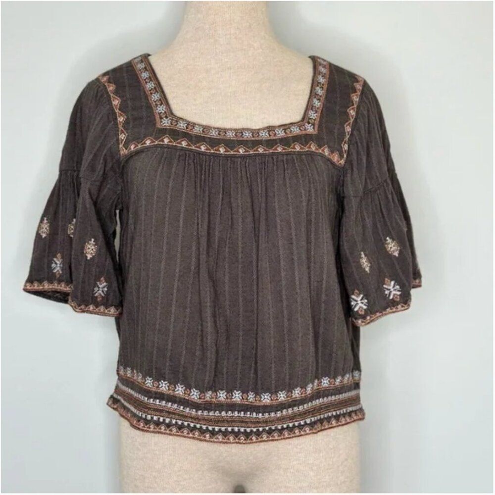 Lucky Brand Bohemian Embroidered Square Neck Brown Top Size XS